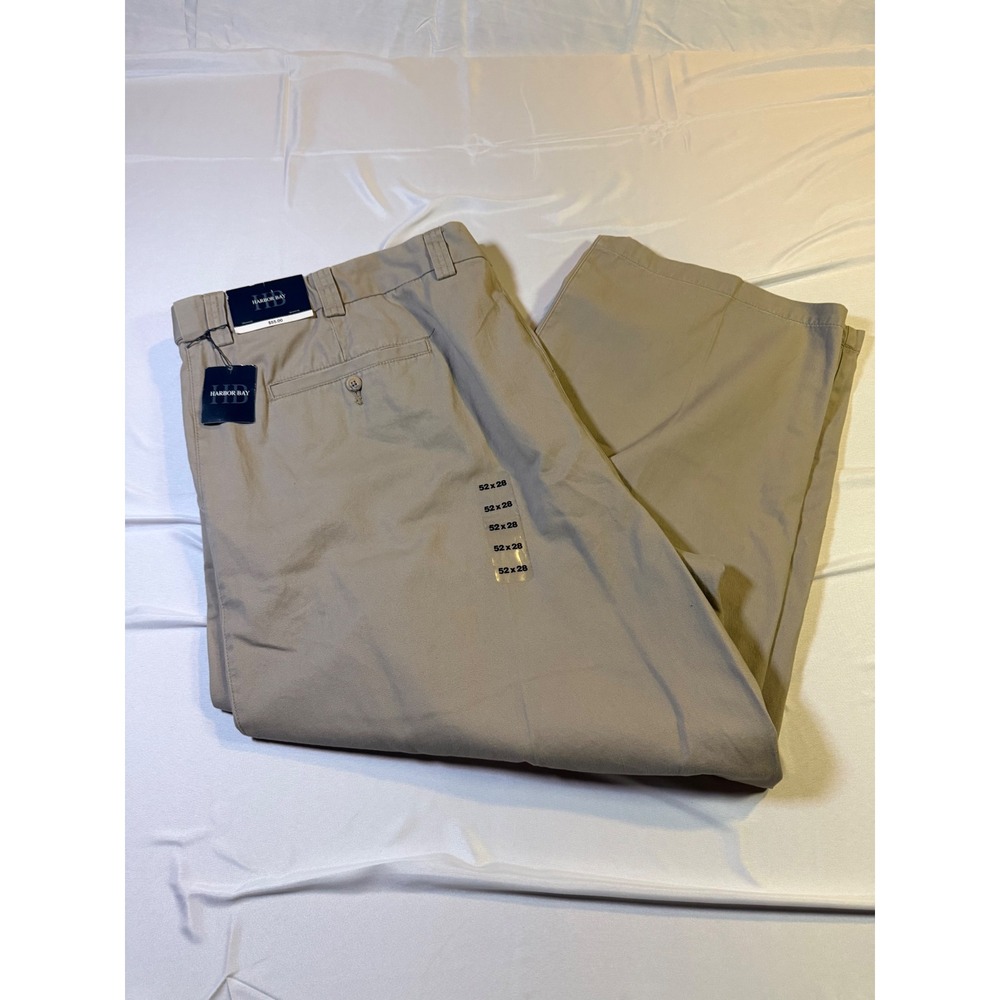 Harbor Bay Mens Khaki Flat Front Waist Relaxer Cotton Chino Pants 52x28 NWT